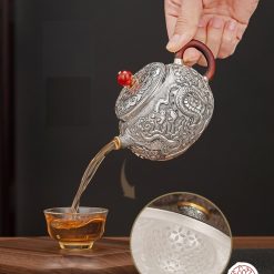 ấm pha trà bạc nguyên chất chế tác thủ công, ấm trà bạc cao cấp