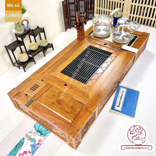 Bộ bàn pha trà điện thông minh đa năng cao cấp gỗ hương L0800 có ngăn kéo để đồ và khay đốt trầm