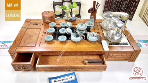 Bộ bàn pha trà điện thông minh đa năng cao cấp gỗ hương L0808 có ngăn kéo để đồ và khay đốt trầm