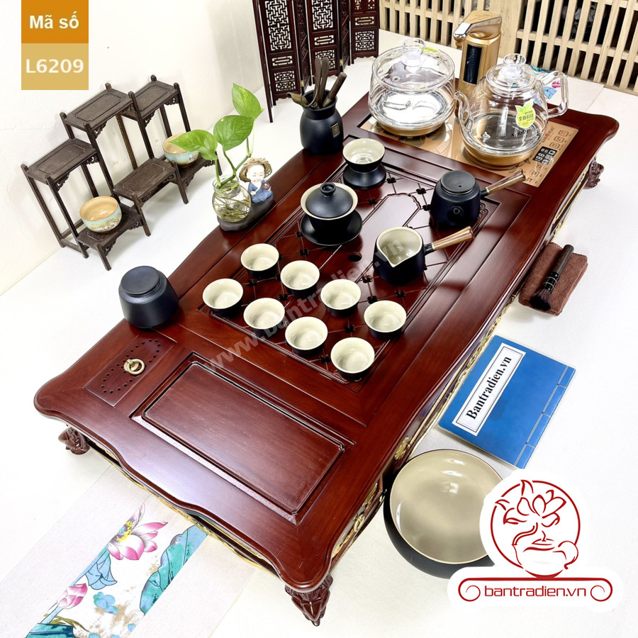 Bộ bàn pha trà điện thông minh đa năng cao cấp phong cách tân cổ điển vẽ vàng L6209 có ngăn kéo để đồ và khay đốt trầm