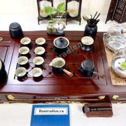 Bộ bàn pha trà điện thông minh đa năng cao cấp phong cách tân cổ điển vẽ vàng L6209 có ngăn kéo để đồ và khay đốt trầm